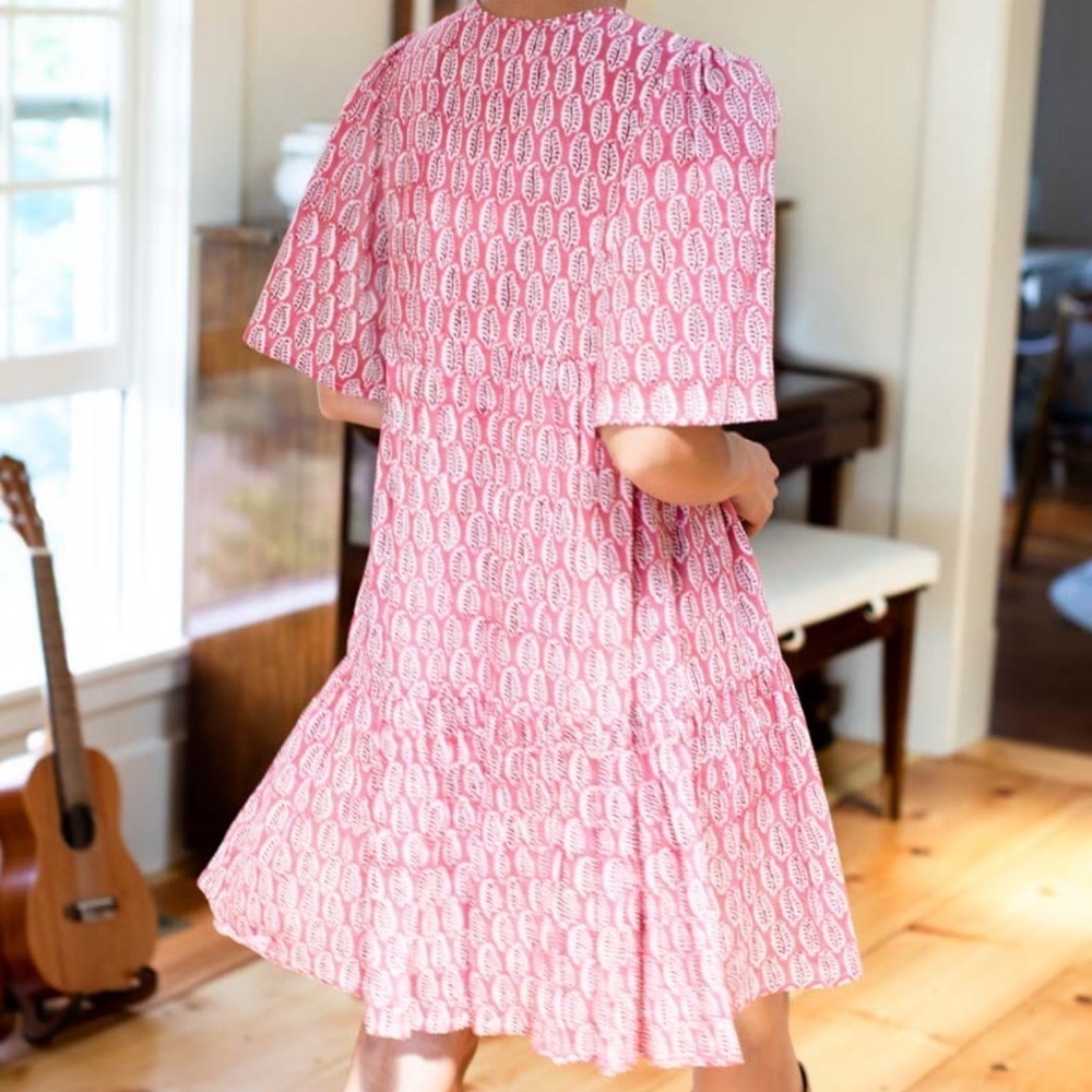 Emerson Fry  Floral A-Line Dress Pink White Short Puff Sleeve Ruffle XS/S - Picture 5 of 5